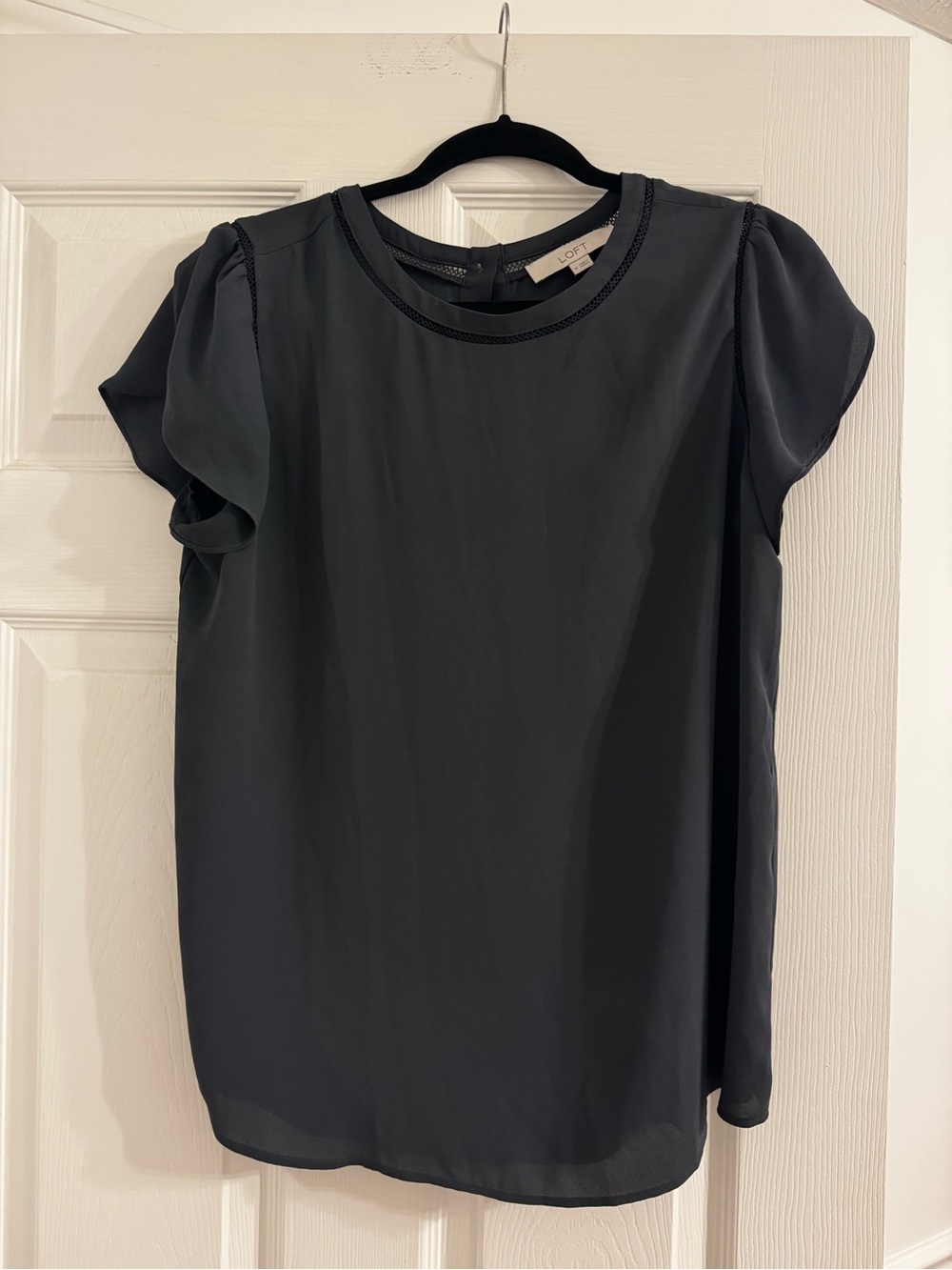 LOFT Black Short Sleeve Ruffle-Detail Blouse